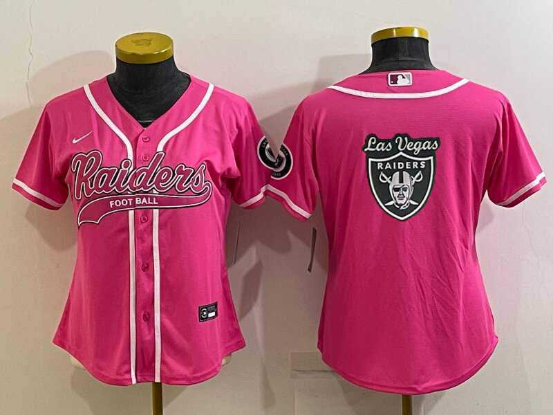 Women%27s Las Vegas Raiders Pink Team Big Logo With Patch Cool Base Stitched Baseball Jersey->women nfl jersey->Women Jersey